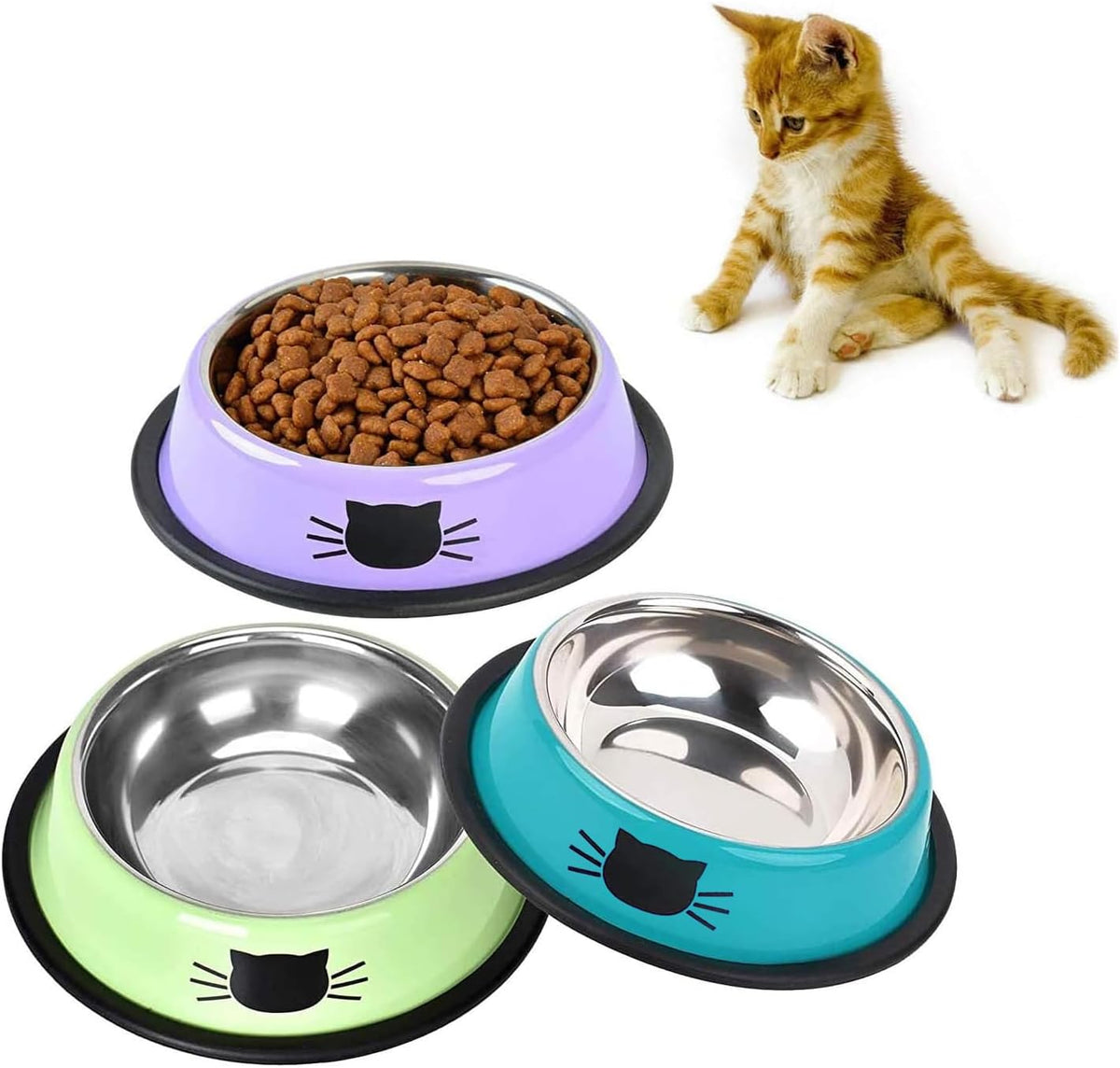 SUOXU Cat Bowls,Stainless Steel Cat Water Food Bowl,Puppy Feeding Bowl,Set of 3 Shallow Pet Bowl Rubber Base Non Slip Small Dogs Feeder Bowls