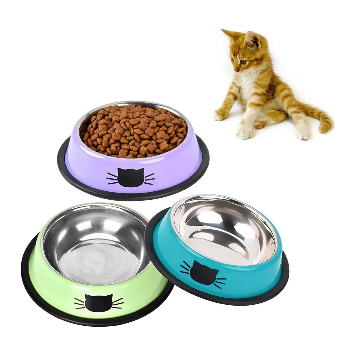 SUOXU Cat Bowls,Stainless Steel Cat Water Food Bowl,Puppy Feeding Bowl,Set of 3 Shallow Pet Bowl Rubber Base Non Slip Small Dogs Feeder Bowls
