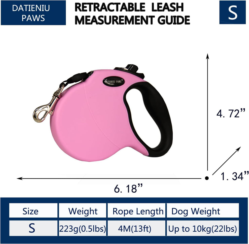 13FT Retractable Dog Leash for Small Dogs up to 22lbs with Chew Proof Steel Wire Extender, Lightweight, Durable & Safe Walking Solution Pink S