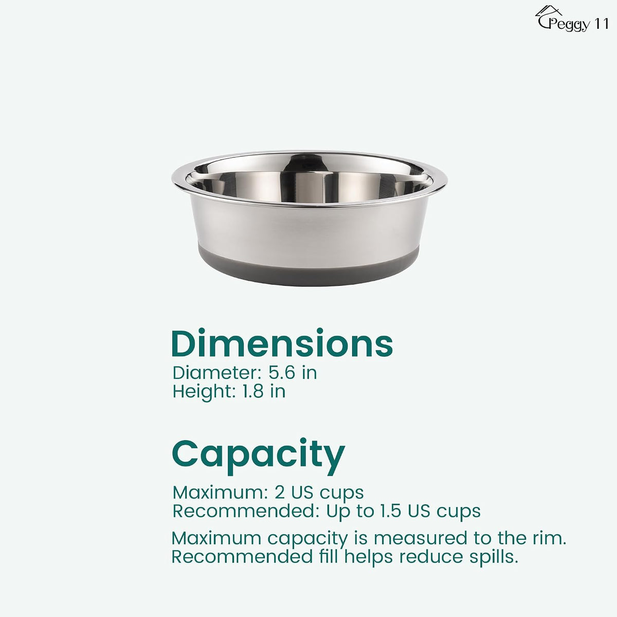 PEGGY11 Nonslip Stainless Steel Dog Cat Bowls, 2 US Cup Each, 2 Pack
