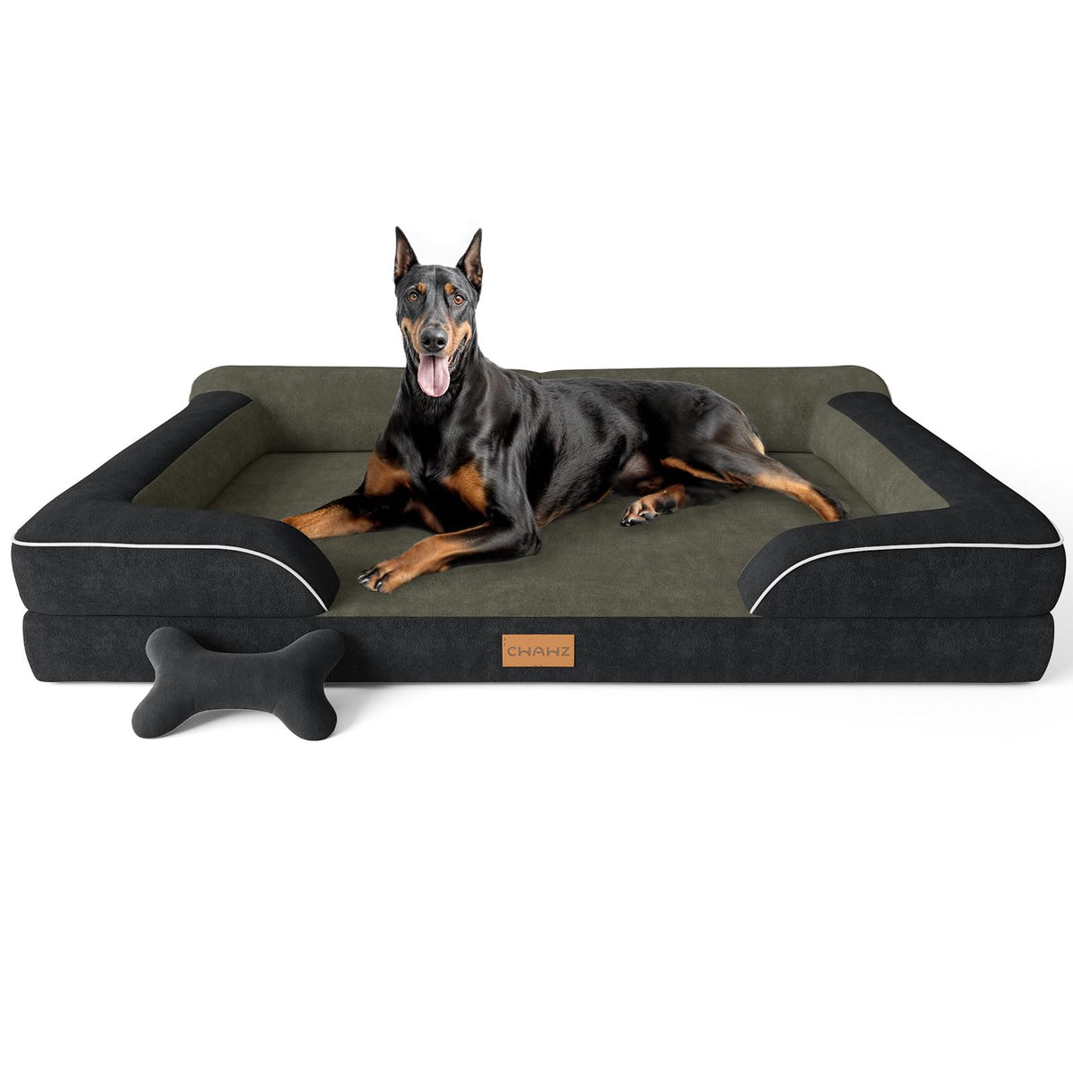 CWAWZ Extra Large Dog Bed, Orthopedic Dog Bed with Cooling Gel Memory Foam, Waterproof XL Pet Bed with Removable Washable Cover, 42" Pet Sofa Couch Dutch Velvet with Bone Toy, Light Gray