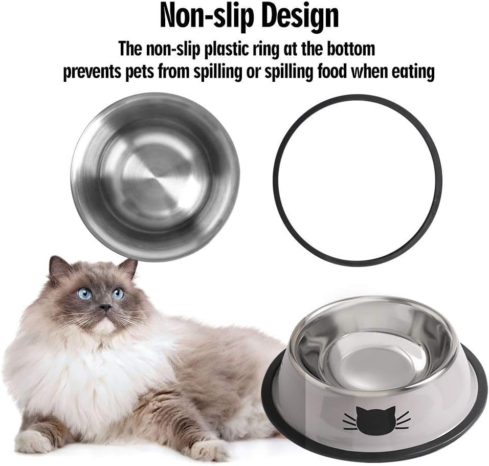 Cat Bowls for Food and Water,2PCS Rapsrk Non-Slip Stainless Steel Small Food Bowls 8 Oz Pet Bowl with Removable Rubber Base Dog Bowl,Stackable Cat Puppy Dishes Bowls with Cute Cats Painted
