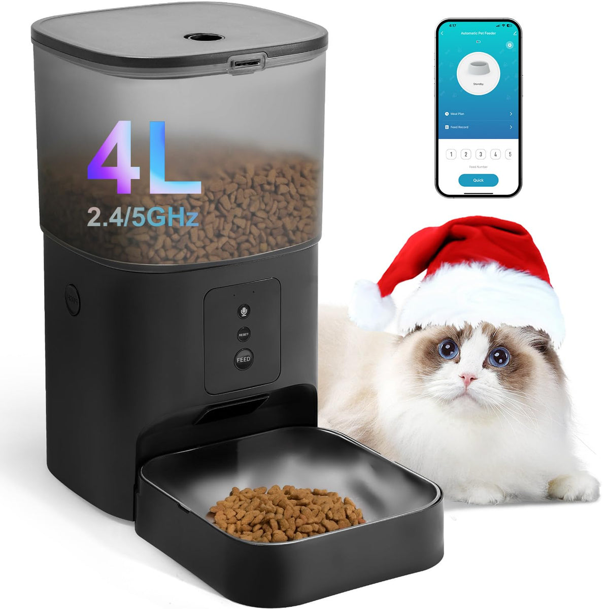 ANDOLL HOME Automatic Cat Feeder, 4L Cat Food Dispenser with 10s Voice Recorder, Pet Feeder up to 8 Meals per Day, Timed Dog Feeder with Dry Food Sealed Ring