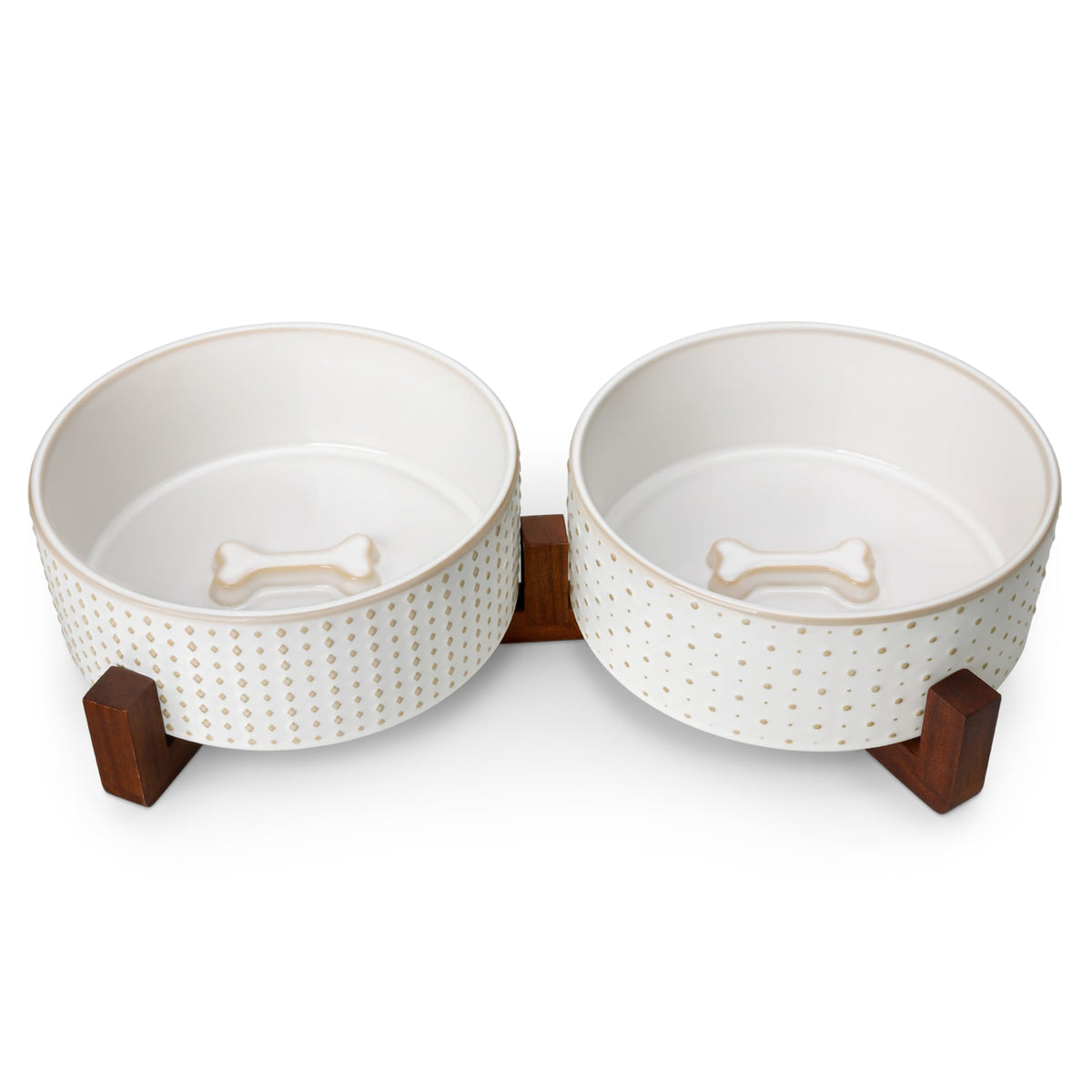 MALACASA Dog Bowl Set, Ceramic Bowls with Walnut Wood Stand, 2 Cups
