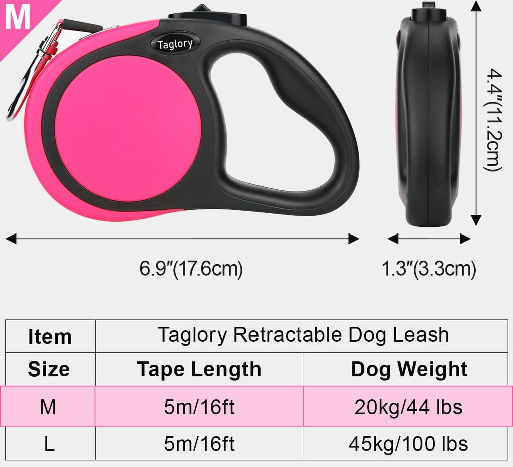 Taglory Retractable Dog Leash, One-Handed Brake, 16ft, Up to 44 lbs, Pink