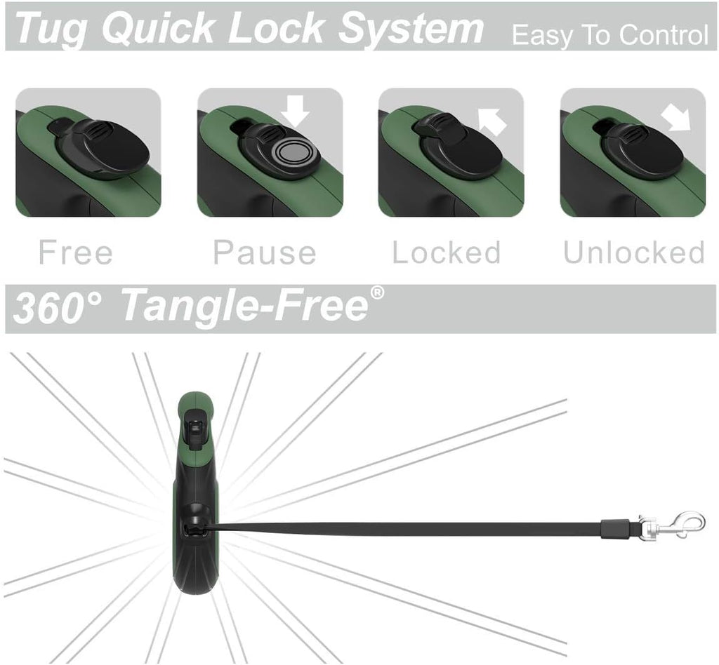 TUG Original Retractable Dog Leash, 16 ft (Medium, Green)