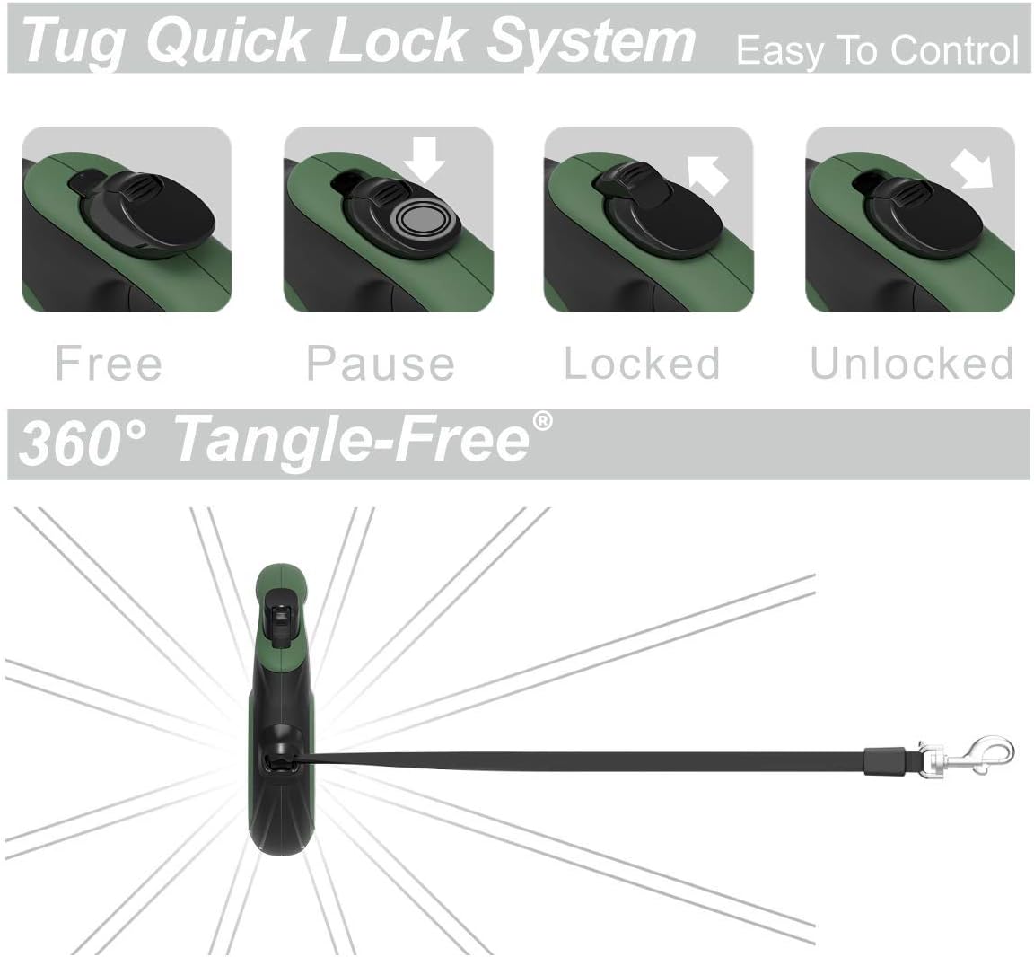 TUG Original Retractable Dog Leash, 16 ft (Medium, Green)
