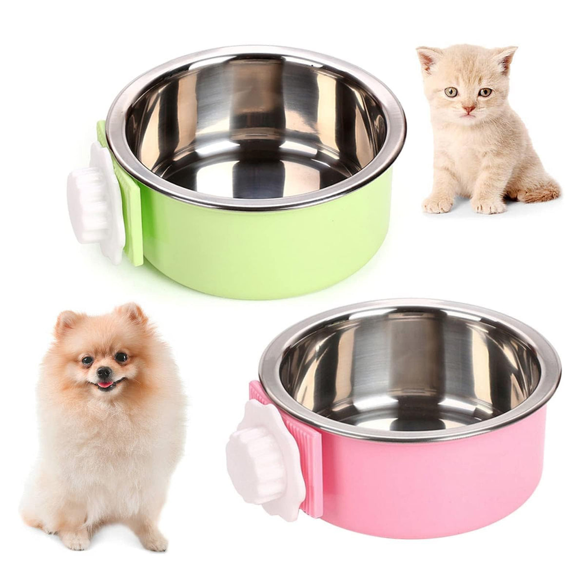 kathson Crate Dog Bowl, Removable Stainless Steel Hanging Pet Kennel Cage Bowl Food & Water Feeder Coop Cup for Puppy, Cat, Rabbit, Guinea Pigs Ferret Bird (2 PCS, Size: M, Blue and Green)