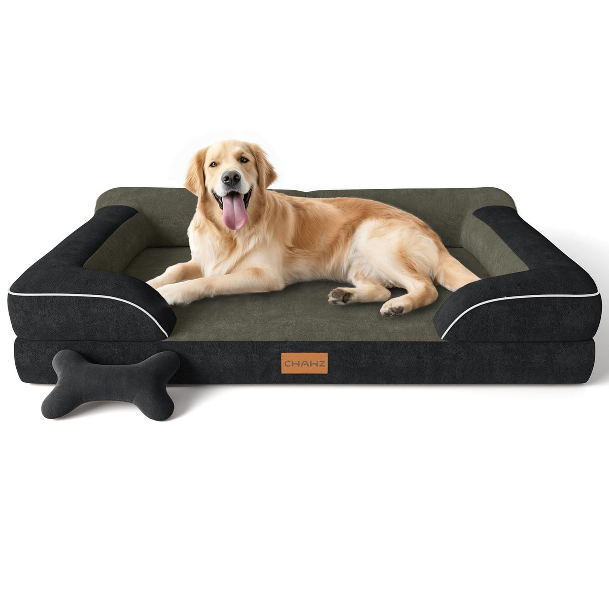 CWAWZ Extra Large Dog Bed, Orthopedic Dog Bed with Cooling Gel Memory Foam, Waterproof XL Pet Bed with Removable Washable Cover, 42" Pet Sofa Couch Dutch Velvet with Bone Toy, Light Gray