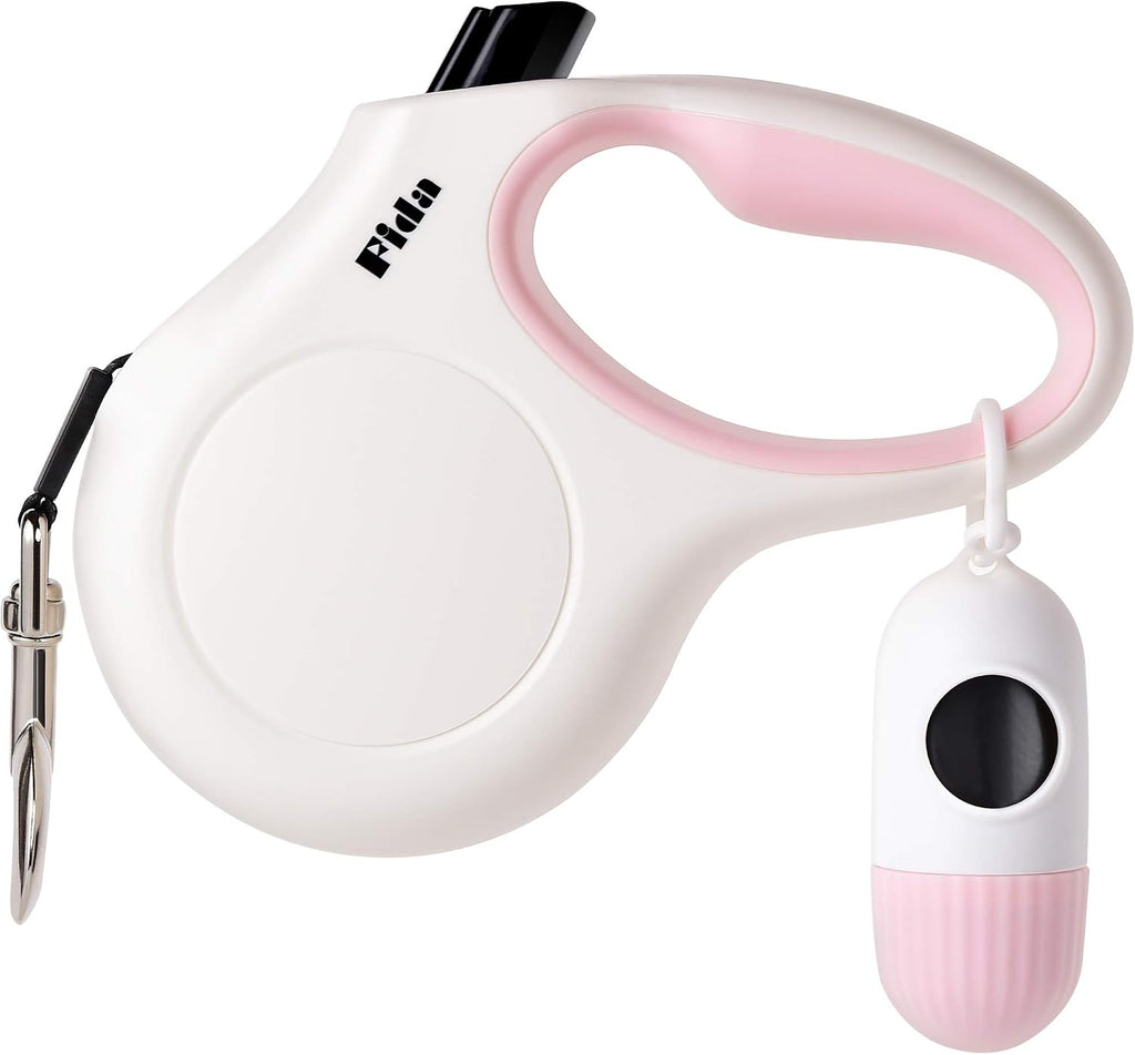 Fida Retractable Dog Leash with Dispenser and Poop Bags, 16ft, White & Pink