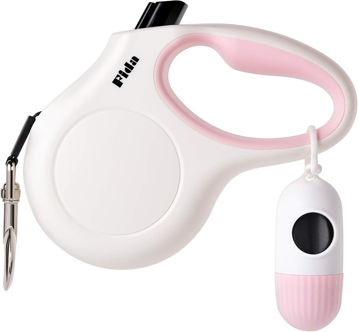 Fida Retractable Dog Leash with Dispenser and Poop Bags, 16ft, White & Pink
