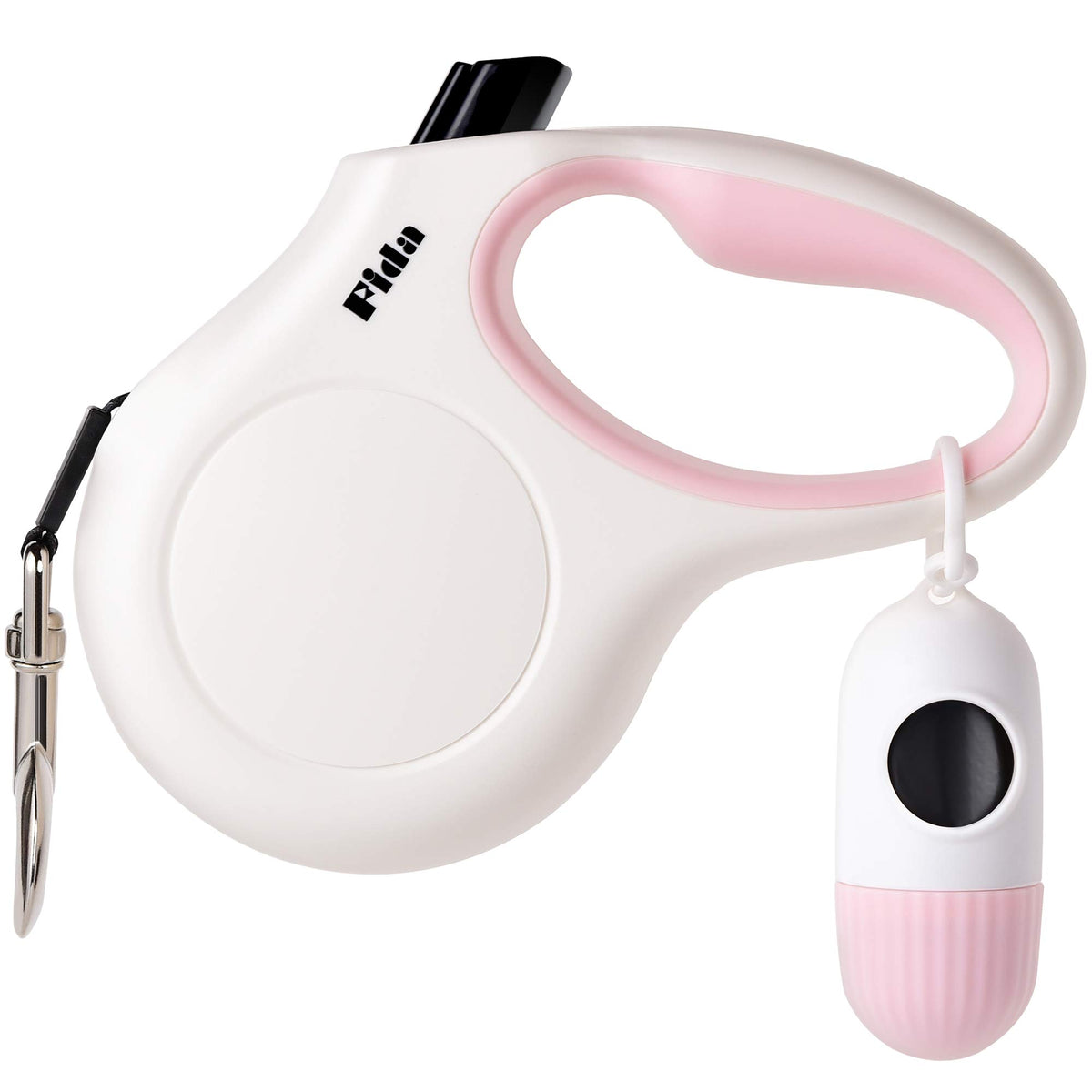 Fida Retractable Dog Leash with Dispenser and Poop Bags, 16ft, White & Pink