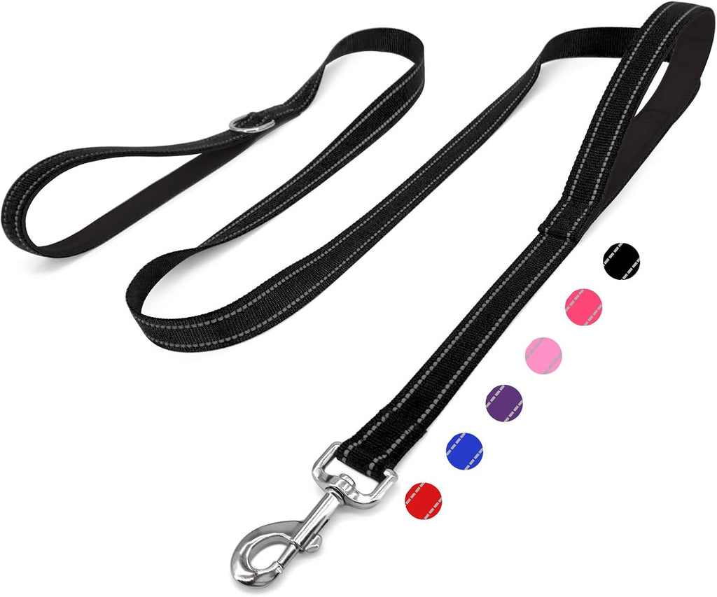 6 FT Black Nylon Reflective Dog Leash for Large Dogs with 2 Padded Handle