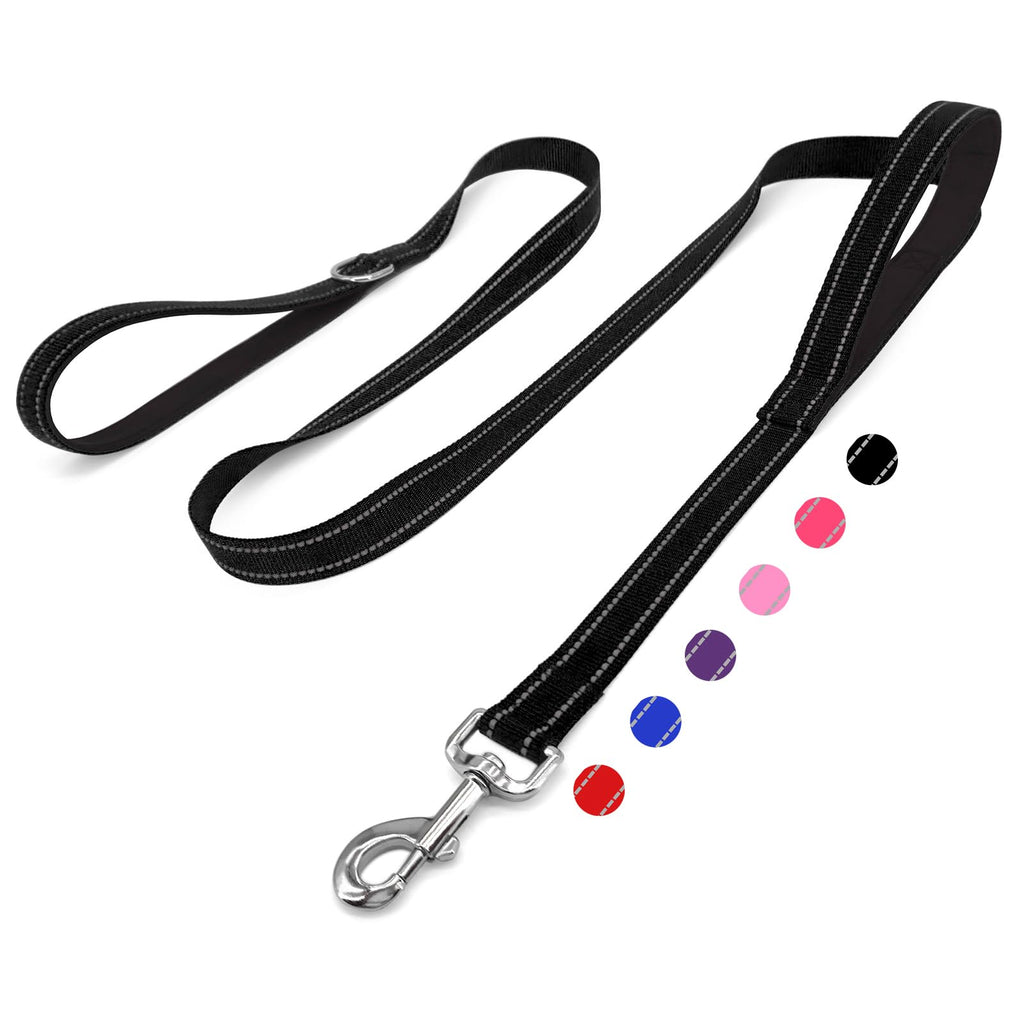 6 FT Black Nylon Reflective Dog Leash for Large Dogs with 2 Padded Handle