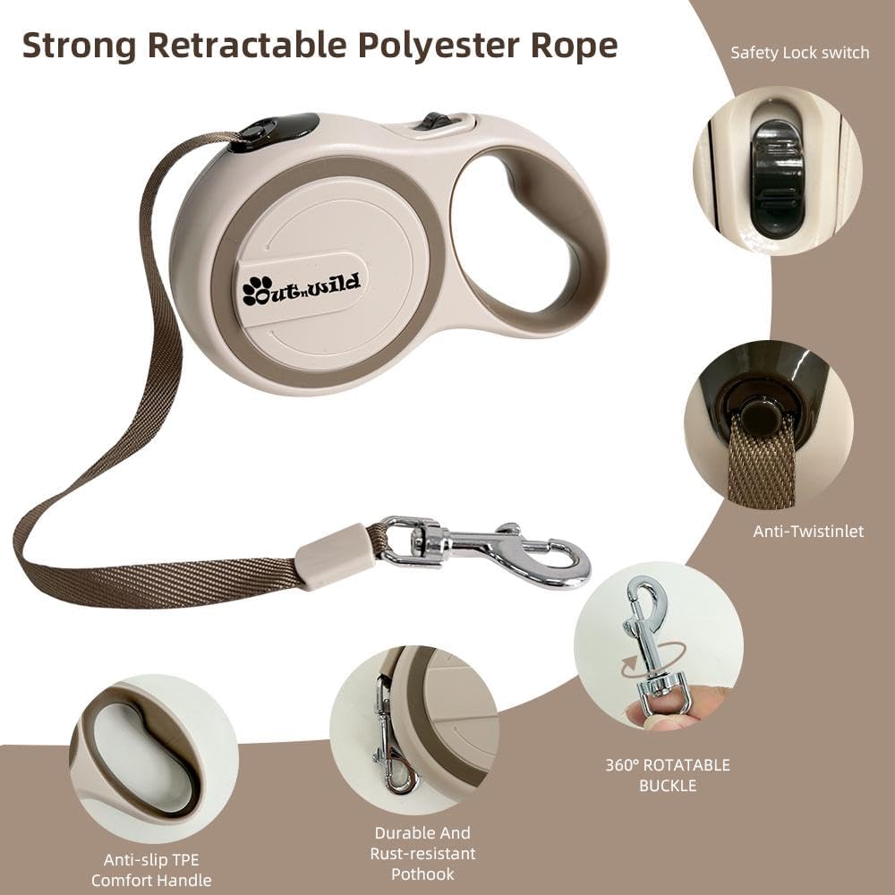 OUTnWILD Retractable Dog Leash - Tangle-Free 360° Design with Anti-Slip Handle | 16 ft Strong Nylon Tape | One Touch Quick-Lock Braking System | for Small/Medium Breeds/Pets Up to 44lbs. (Khaki, M)