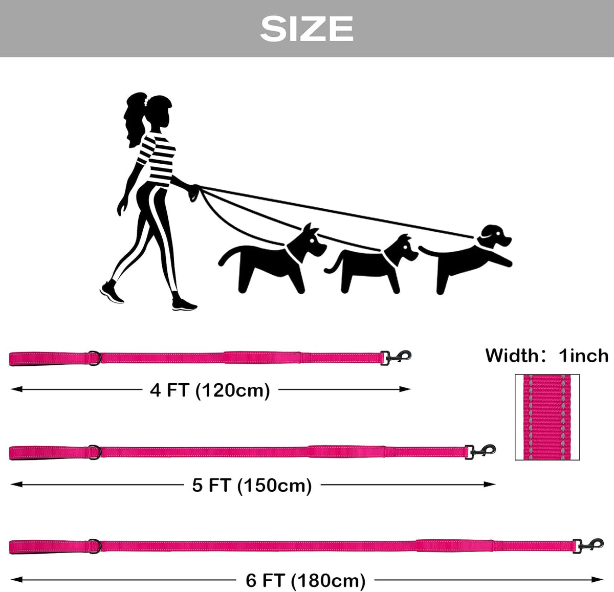 Joytale Dog Leash for Large Dogs that Pull, Double Handle, 6FT, Hot Pink