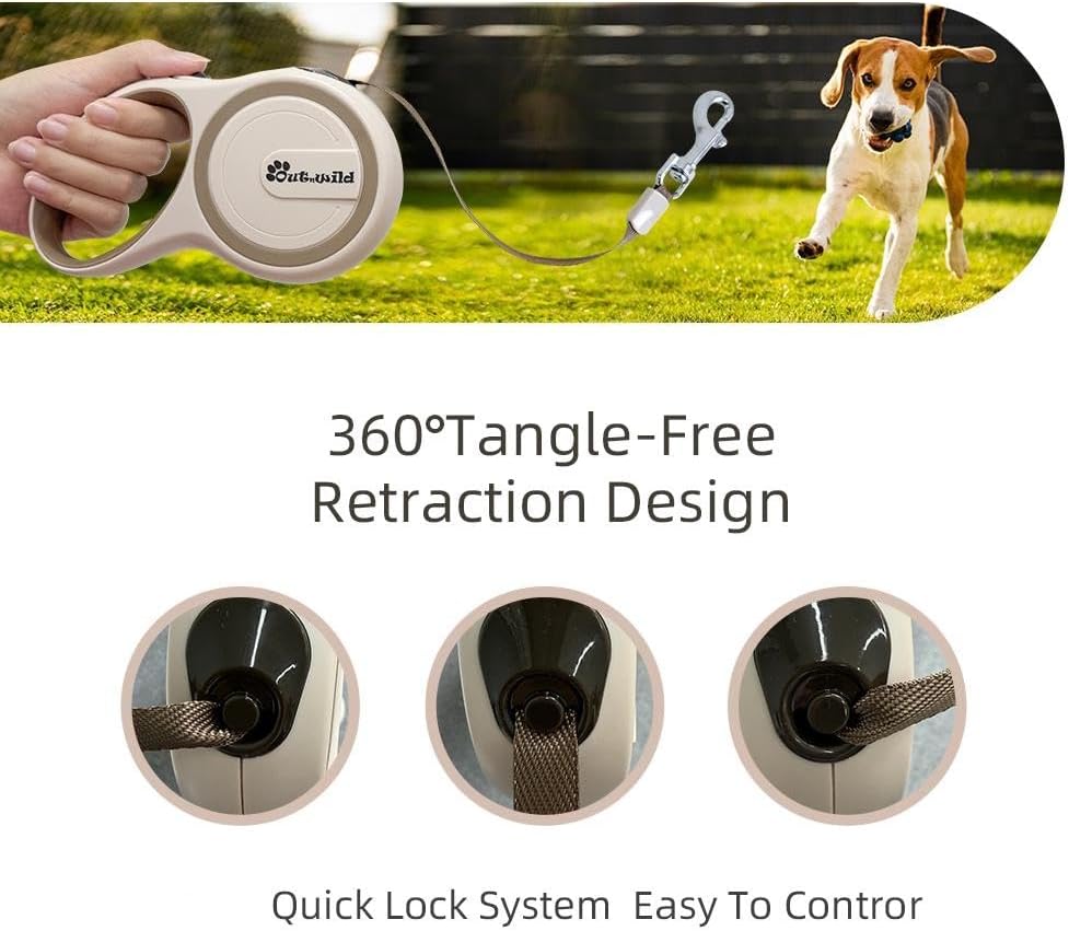 OUTnWILD Retractable Dog Leash - Tangle-Free 360° Design with Anti-Slip Handle | 16 ft Strong Nylon Tape | One Touch Quick-Lock Braking System | for Small/Medium Breeds/Pets Up to 44lbs. (Khaki, M)