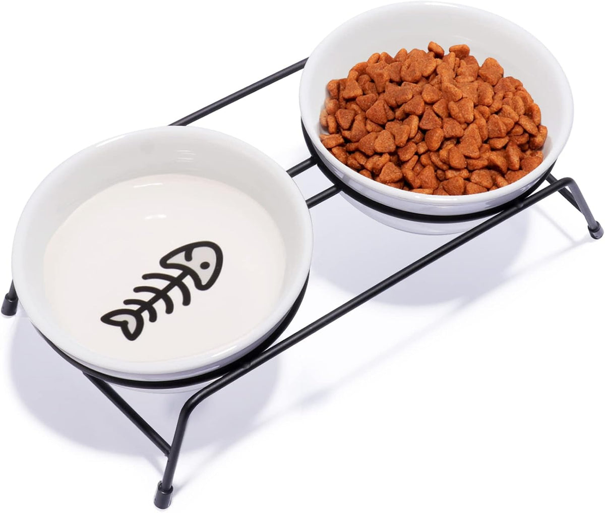 Anti-Vomiting Raised Cat Bowls - 2 × 13 oz Ceramic Cat Food & Water Bowls with Non-Slip Stainless Steel Stand, Dishwasher Safe for Indoor Cats