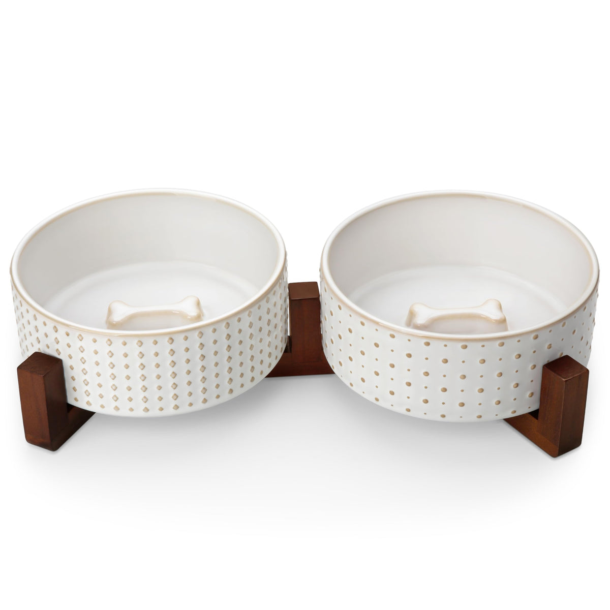 MALACASA Dog Bowl Set, Ceramic Bowls with Walnut Wood Stand, 2 Cups