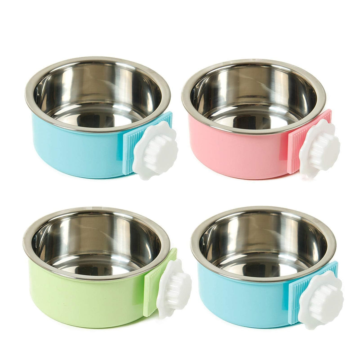 kathson Crate Dog Bowl, Removable Stainless Steel Hanging Pet Kennel Cage Bowl Food & Water Feeder Coop Cup for Puppy, Cat, Rabbit, Guinea Pigs Ferret Bird (2 PCS, Size: M, Blue and Green)