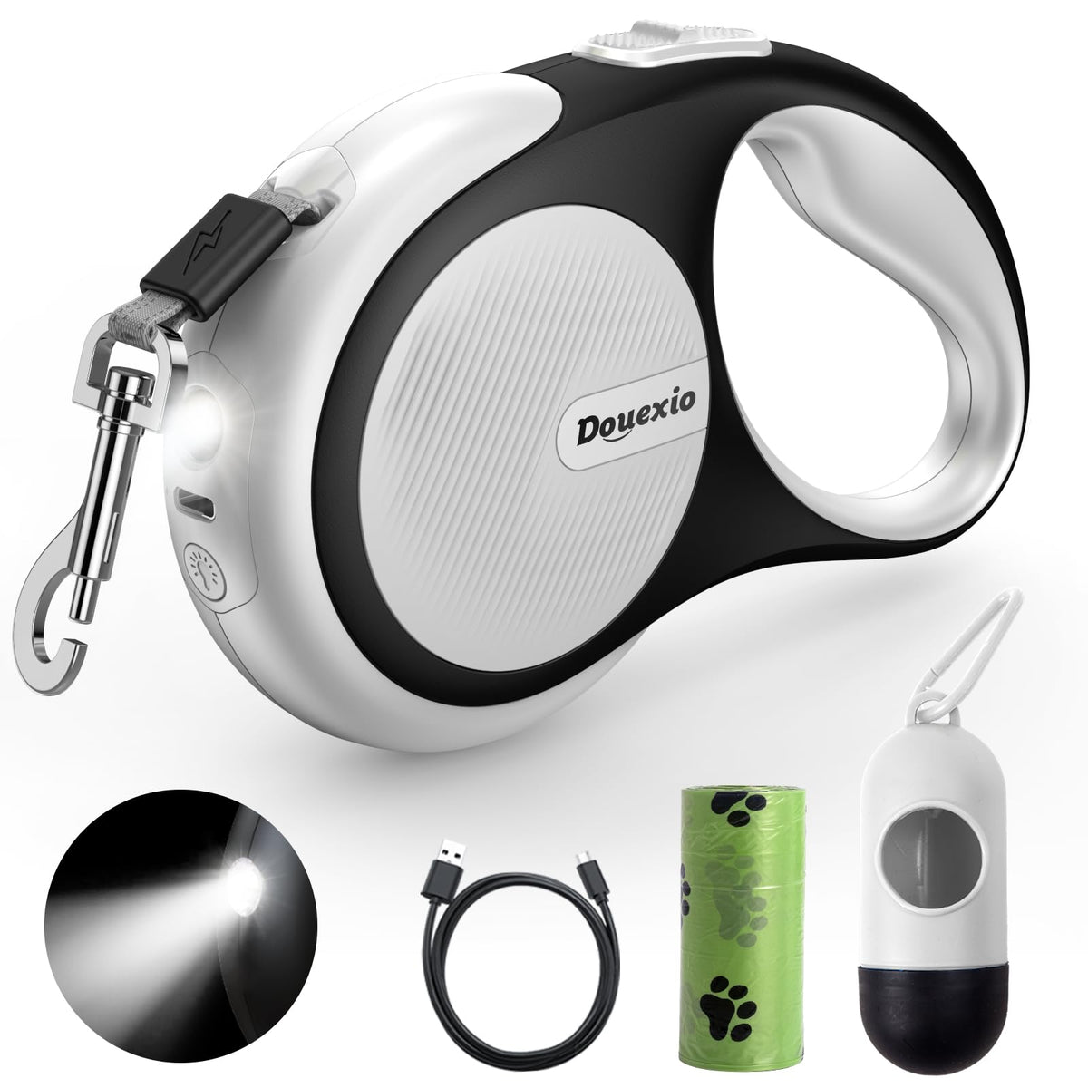 Retractable Dog Leash with LED Flashlight, Douexio Upgrade 3 in 1 Dog Leash Retractable for Small Medium Dogs Up to 66 lbs, 16ft, Anti-Slip Handle (Black-White)