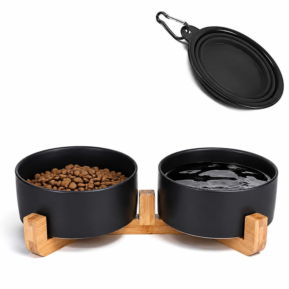 Petygooing Ceramic Dog Cat Bowls Set with Stand,Black Pet Food and Water Bowl,Small Dog Bowls Cute Modern Anti Slip Set of 2 Pet Feeder Small Size Pet Dish(13.5OZ/5.1 in)