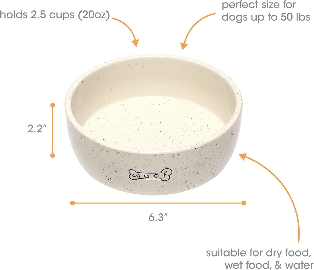 Pearhead Ceramic Dog Bowl - Woof Speckled Pet Food & Water Dish, 20 oz