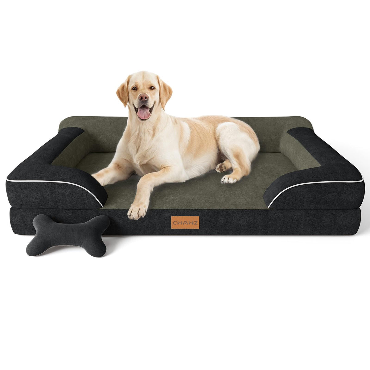 CWAWZ Extra Large Dog Bed, Orthopedic Dog Bed with Cooling Gel Memory Foam, Waterproof XL Pet Bed with Removable Washable Cover, 42" Pet Sofa Couch Dutch Velvet with Bone Toy, Light Gray