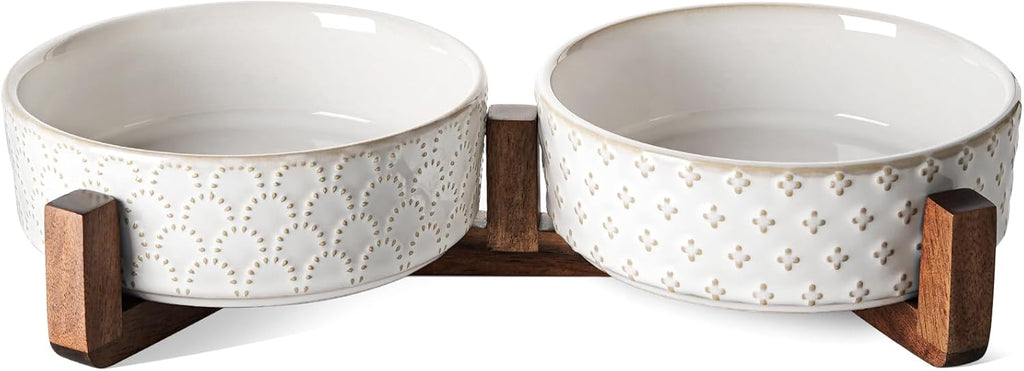 LE TAUCI Dog Bowl Set with Acacia Wood Stand - 1.8-Cup Ceramic Puppy Bowls for Small Dogs, Dual Food and Water Bowls with Weighted Non-Slip Base