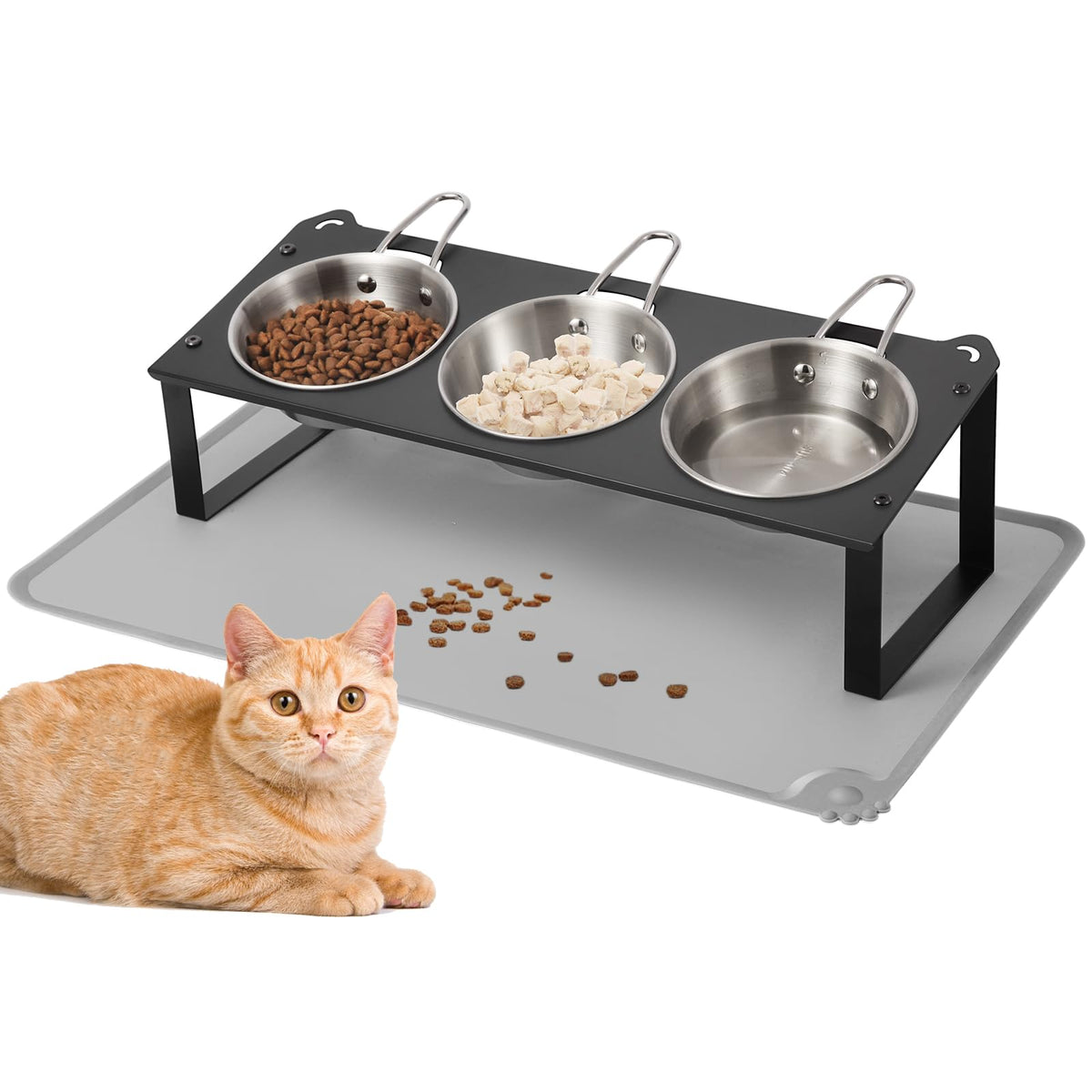 Elevated Cat Bowls with Food Mat, 10°Tilted Non-Slip Raised Cat Food Water Bowls Set, 3 Thick Stainless Steel Pets Dishes with Cute Metal Feeding Stand for Indoor Kitten Puppy, Anti-Vomiting