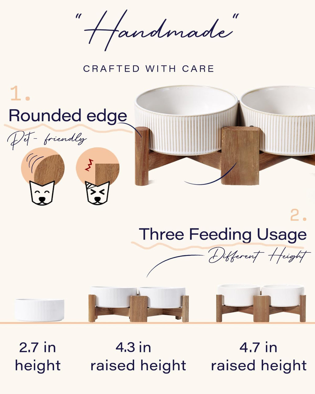 Getstar Ceramic Dog Bowls Set with Acacia Wood Stand, 3.5 Cups Pet Bowls Set of 2 for Medium Dogs, Cute Dog Raised Food Bowl, Cat Bowls