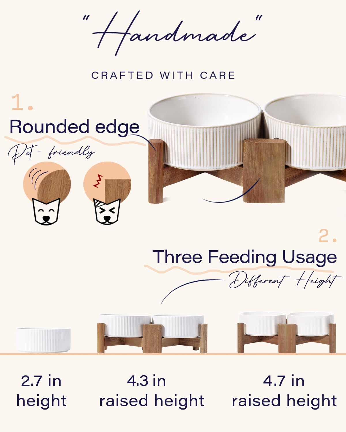 Getstar Ceramic Dog Bowls Set with Acacia Wood Stand, 3.5 Cups Pet Bowls Set of 2 for Medium Dogs, Cute Dog Raised Food Bowl, Cat Bowls