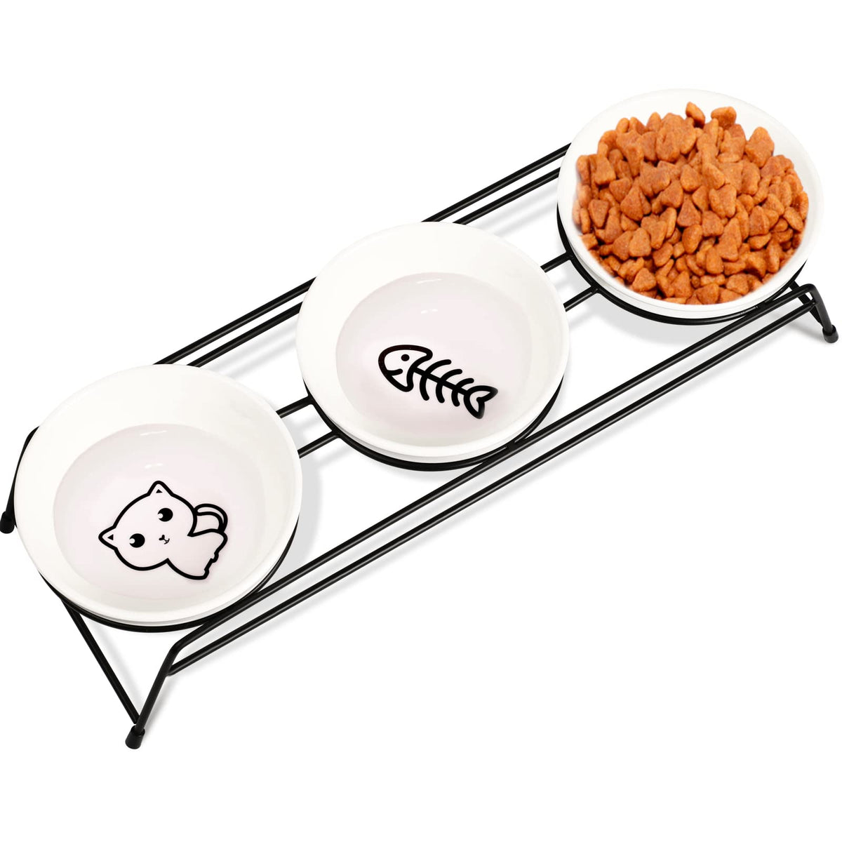 Anti-Vomiting Raised Cat Bowls - 2 × 13 oz Ceramic Cat Food & Water Bowls with Non-Slip Stainless Steel Stand, Dishwasher Safe for Indoor Cats