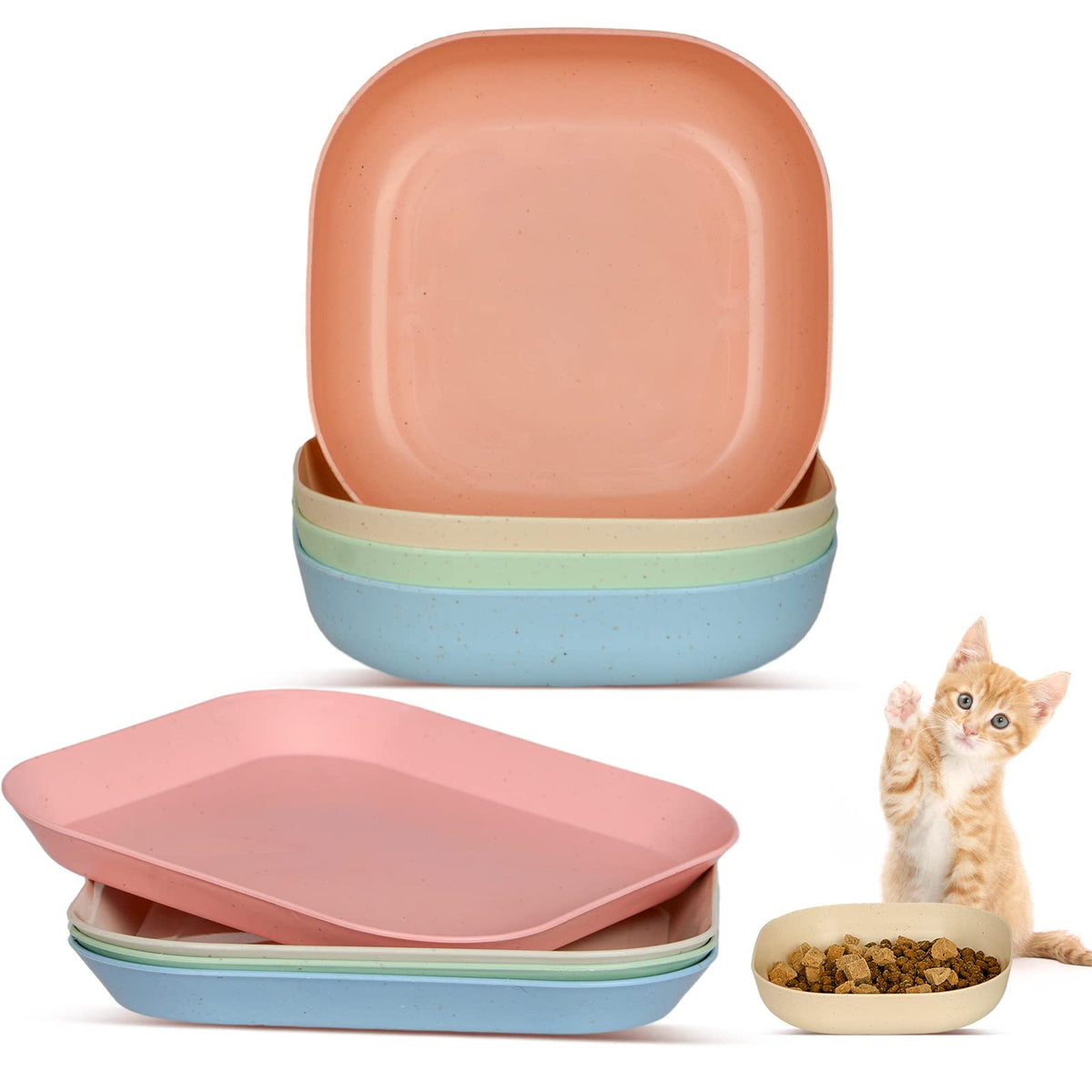 Cat Food Bowl Set, 6 inch Wide Shallow Cat Bowl for Relief Whisker Fatigue,Small Flat Cats Dish, Shallow Pet Feeding Dish or Plate for Kittens and Small Dogs (4Pcs)