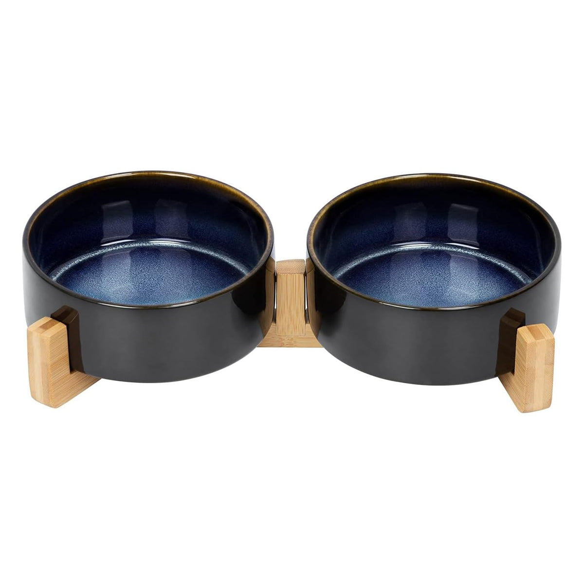 SPUNKYJUNKY Ceramic Dog and Cat Bowl with Wood Stand Non-Slip Matte Glaze Weighted Food Water Set for Cats &Small Dogs 13.5OZ