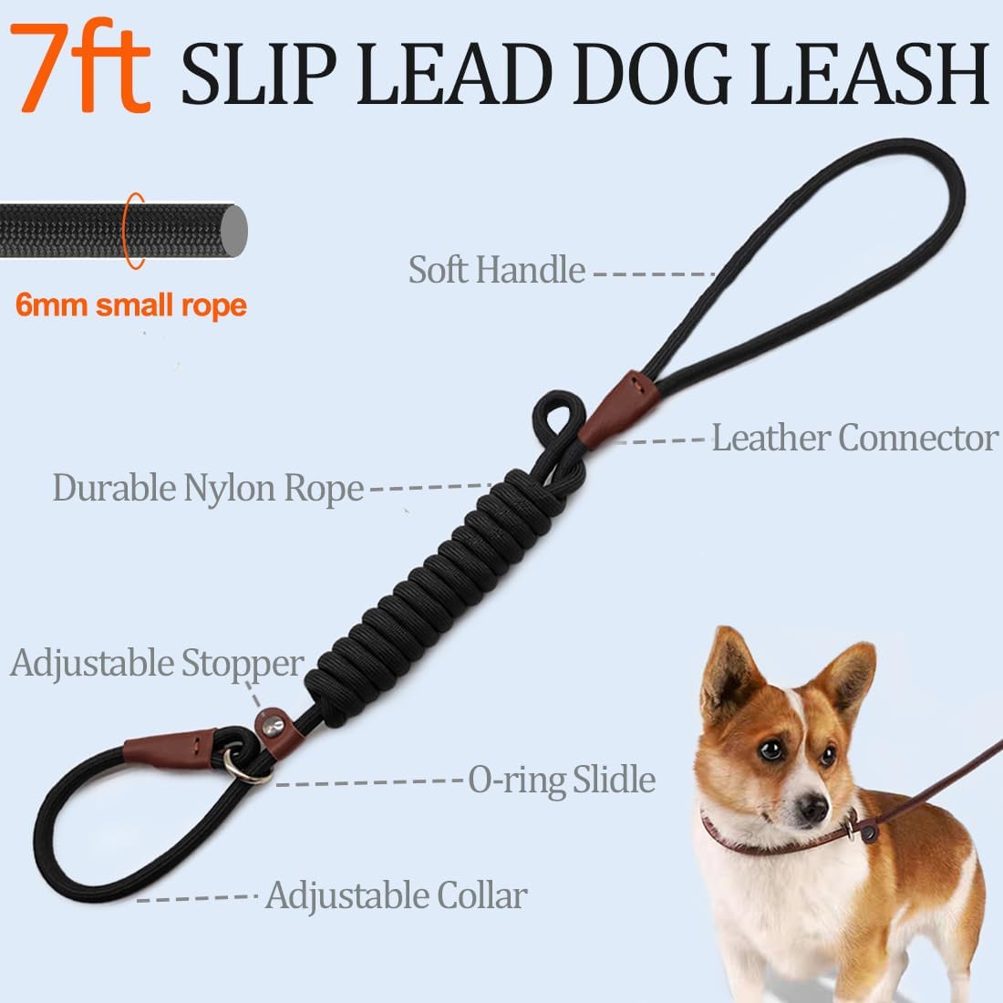 MayPaw Slip Lead Dog Leash 7ft x 1/4" Rope Control Leash for Dogs No Pull