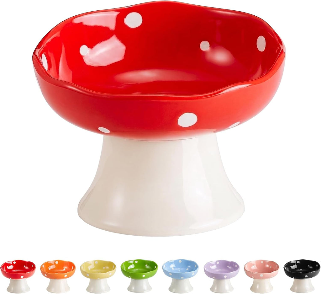 Red Mushroom Cat Bowl, Elevated Ceramic Bowl for Cats