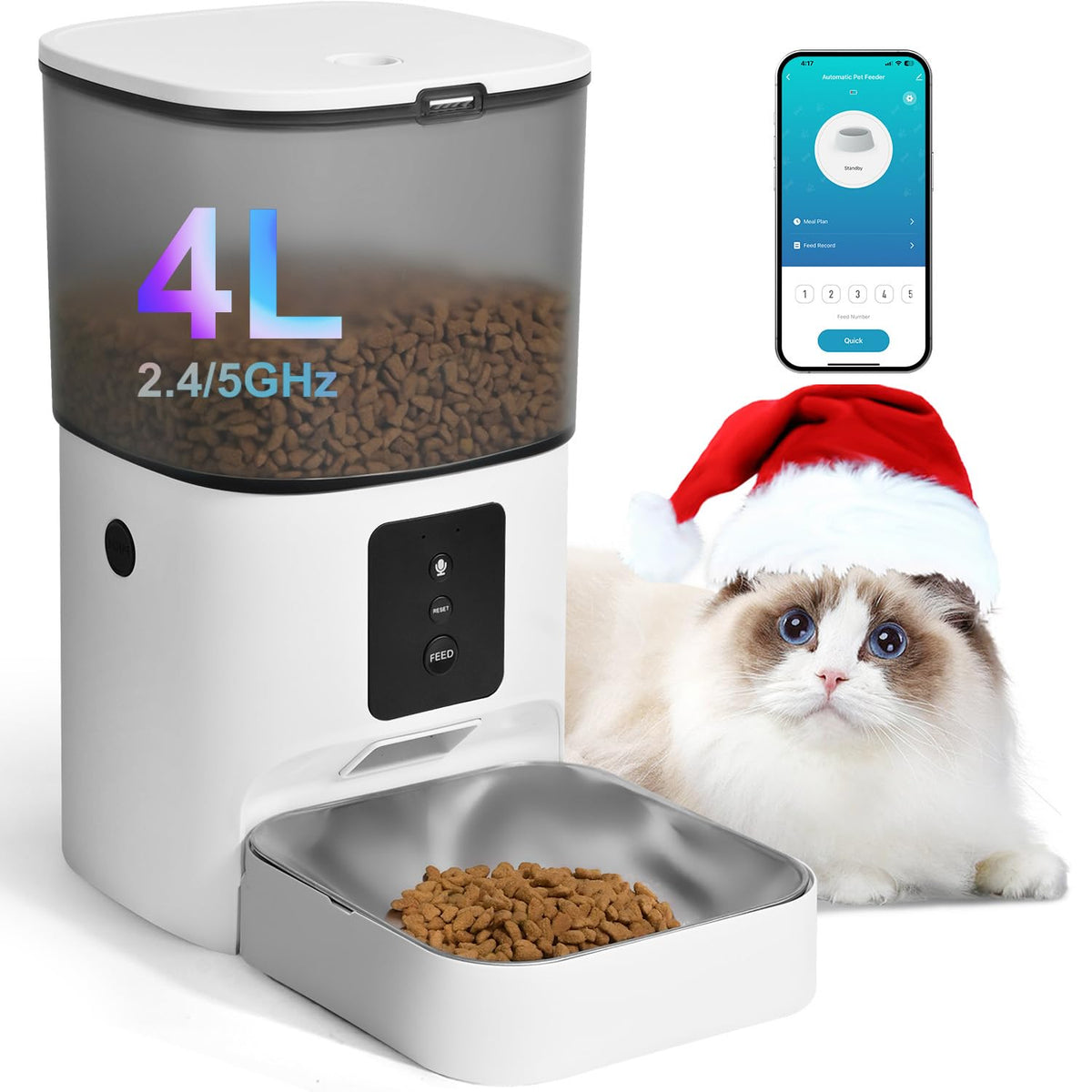 ANDOLL HOME Automatic Cat Feeder, 4L Cat Food Dispenser with 10s Voice Recorder, Pet Feeder up to 8 Meals per Day, Timed Dog Feeder with Dry Food Sealed Ring