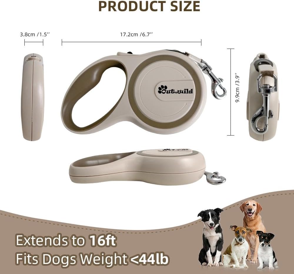 OUTnWILD Retractable Dog Leash - Tangle-Free 360° Design with Anti-Slip Handle | 16 ft Strong Nylon Tape | One Touch Quick-Lock Braking System | for Small/Medium Breeds/Pets Up to 44lbs. (Khaki, M)