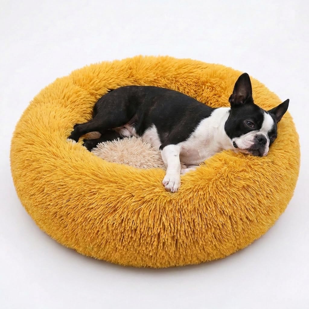 Small Calming Dogs Bed for Small Dogs Anti-Anxiety Machine Washable Fluffy Luxury Anti-Slip Waterproof Mute Base Warming Cozy Soft Pet Puppy Round Bed