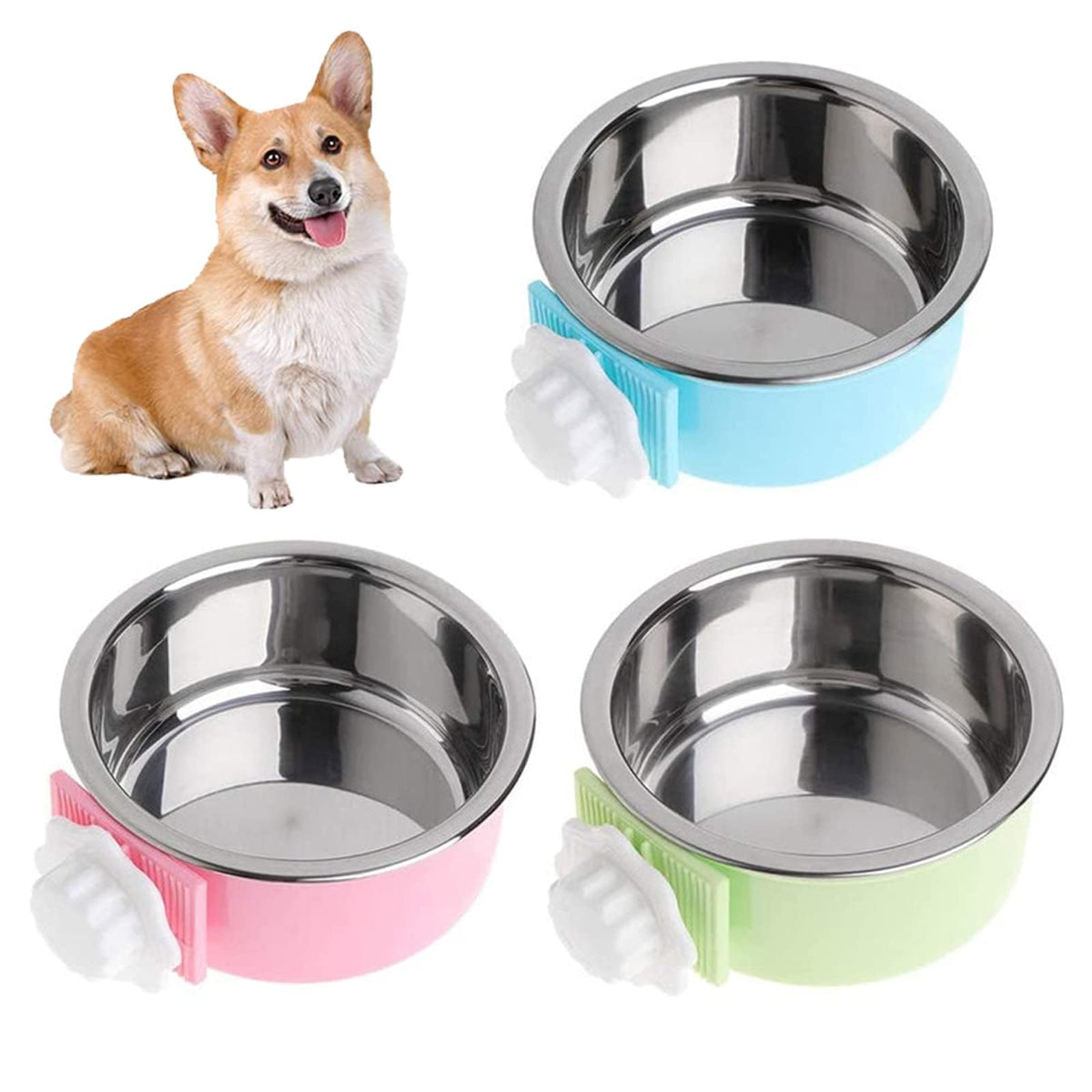 kathson Crate Dog Bowl, Removable Stainless Steel Hanging Pet Kennel Cage Bowl Food & Water Feeder Coop Cup for Puppy, Cat, Rabbit, Guinea Pigs Ferret Bird (2 PCS, Size: M, Blue and Green)