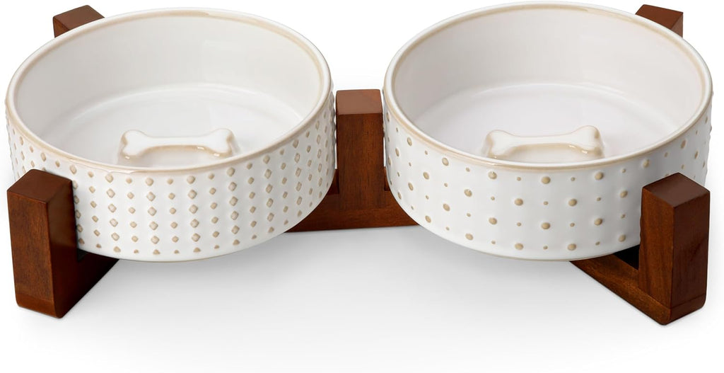 MALACASA Dog Bowl Set, Ceramic Bowls with Walnut Wood Stand, 2 Cups