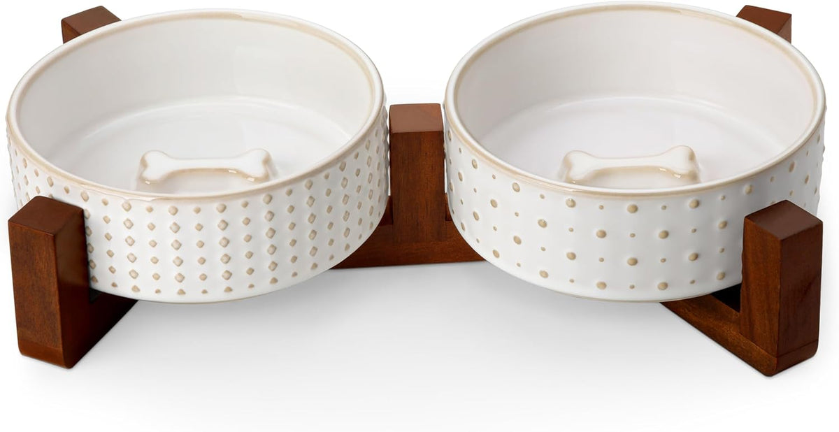 MALACASA Dog Bowl Set, Ceramic Bowls with Walnut Wood Stand, 2 Cups