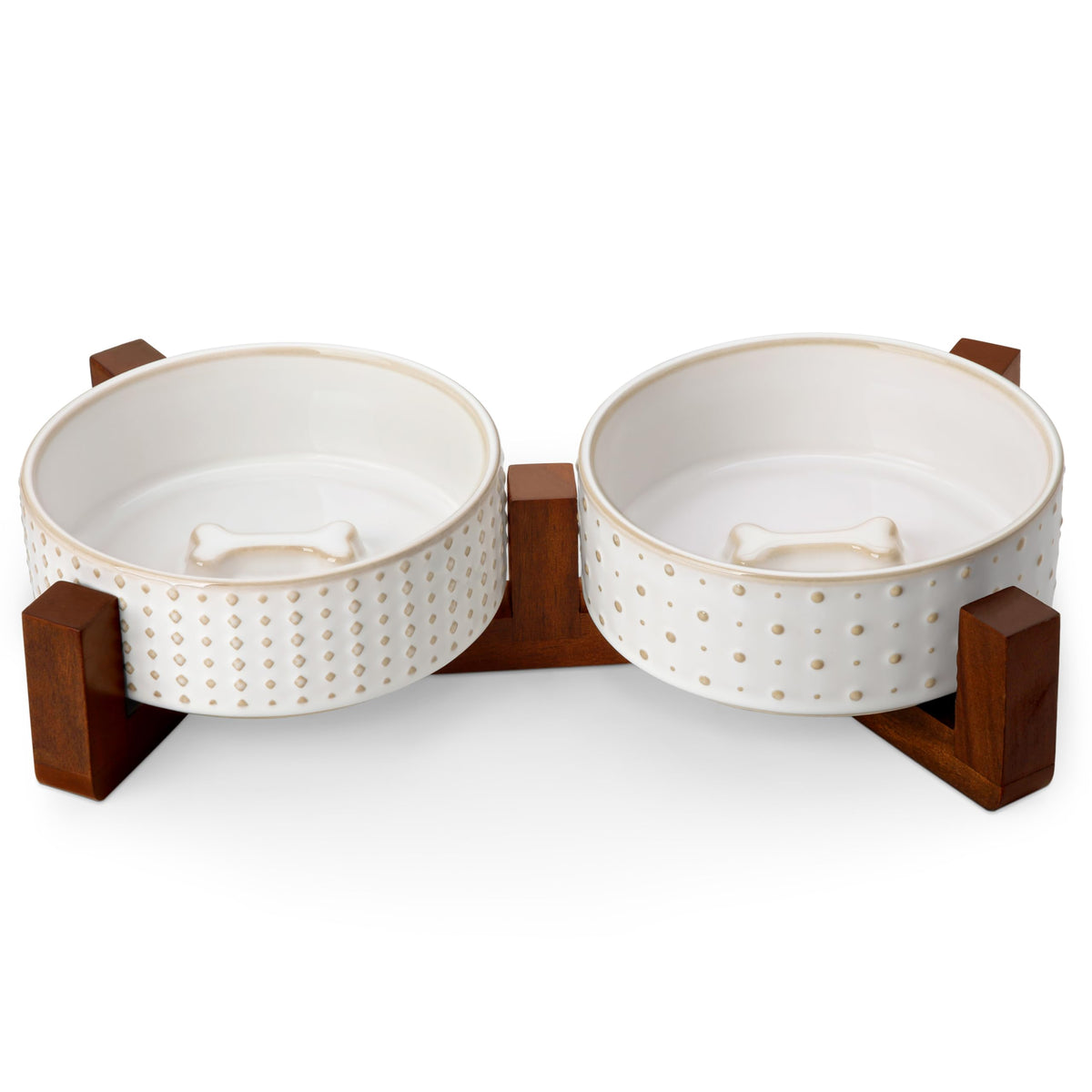 MALACASA Dog Bowl Set, Ceramic Bowls with Walnut Wood Stand, 2 Cups