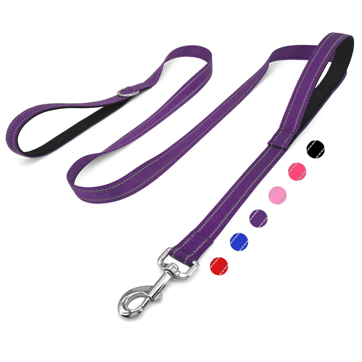 6 FT Black Nylon Reflective Dog Leash for Large Dogs with 2 Padded Handle