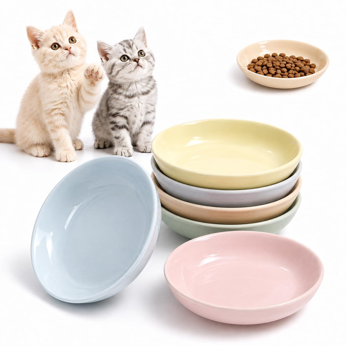 Ceramic Cat Bowls Set of 6 - Colorful Cute Shallow Cat Dishes - Great for Multi-Pet Homes - 5.6 Inch, Whisker Friendly and Wide - Microwave & Dishwasher Safe - 5.3 oz (185 ml)