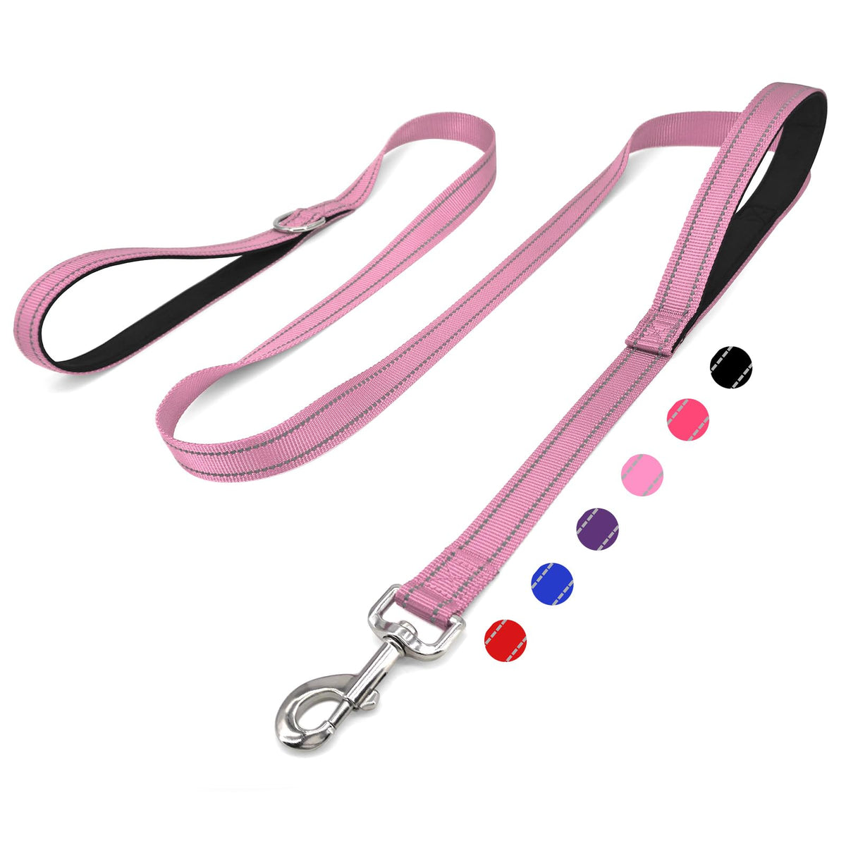 6 FT Black Nylon Reflective Dog Leash for Large Dogs with 2 Padded Handle