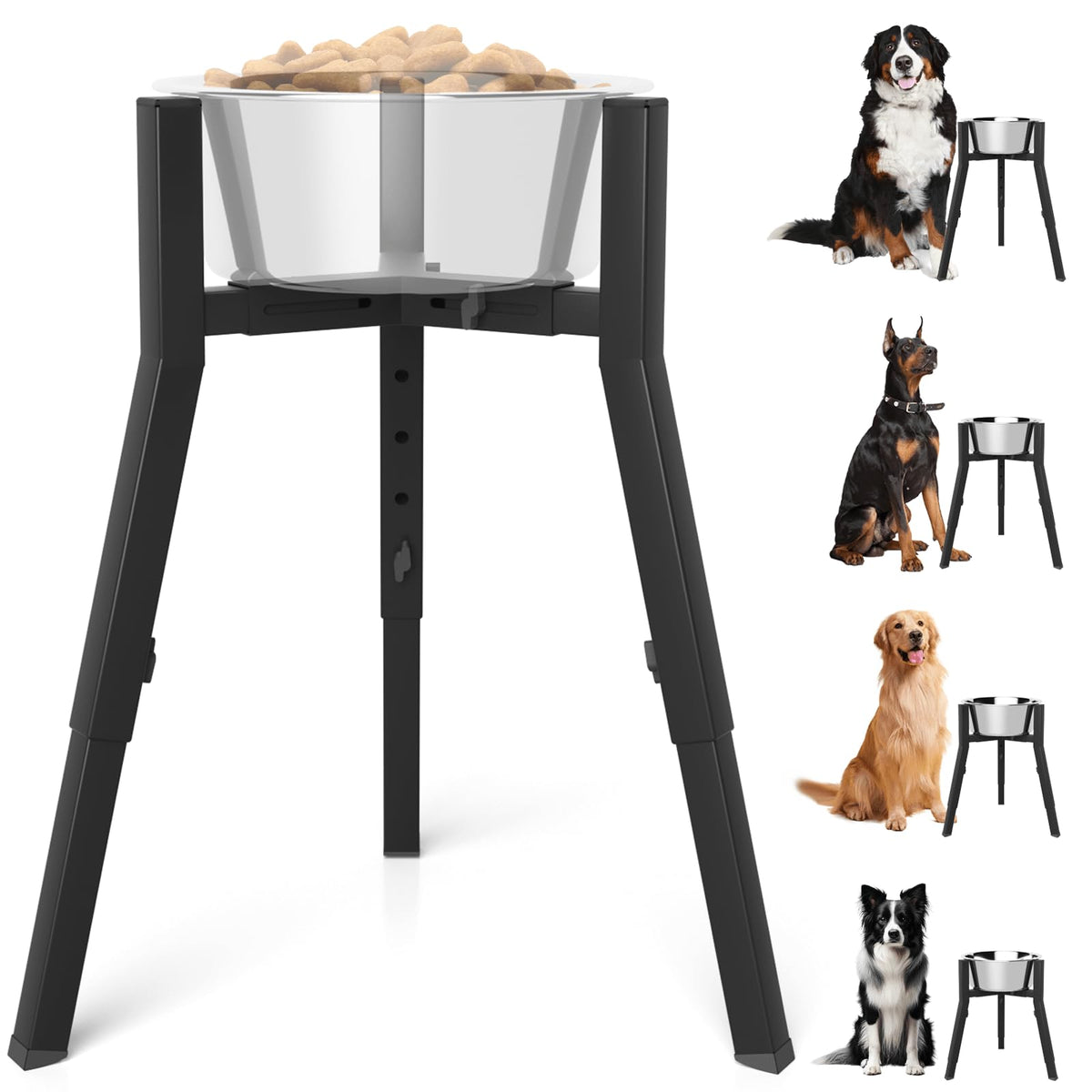 Dog Bowl Stand for Medium Large Dogs, Adjustable Width Elevated Dog Bowls 7-10.6", Raised Dog Food Water Bowls, 11 inch Tall Single Holder, Black,Bowl Not Included