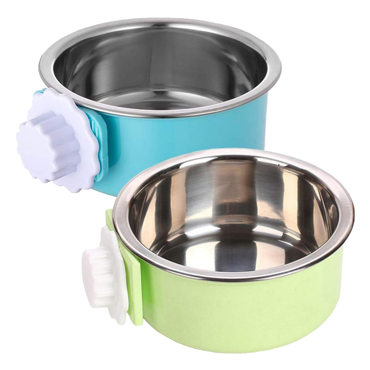 kathson Crate Dog Bowl, Removable Stainless Steel Hanging Pet Kennel Cage Bowl Food & Water Feeder Coop Cup for Puppy, Cat, Rabbit, Guinea Pigs Ferret Bird (2 PCS, Size: M, Blue and Green)