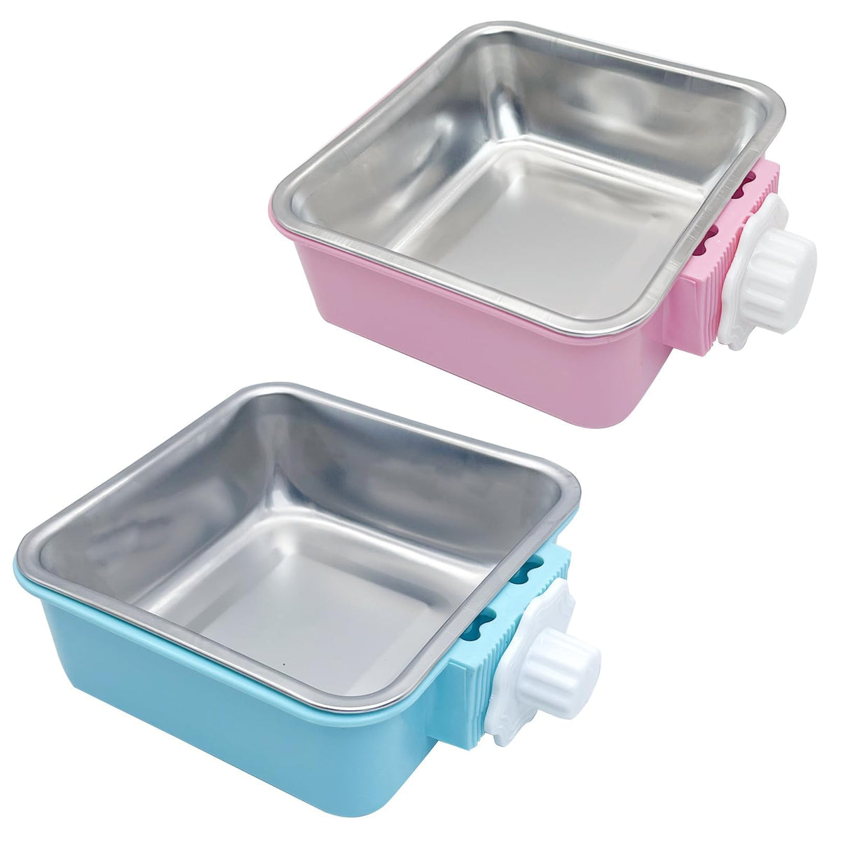 kathson Crate Dog Bowl, Removable Stainless Steel Hanging Pet Kennel Cage Bowl Food & Water Feeder Coop Cup for Puppy, Cat, Rabbit, Guinea Pigs Ferret Bird (2 PCS, Size: M, Blue and Green)
